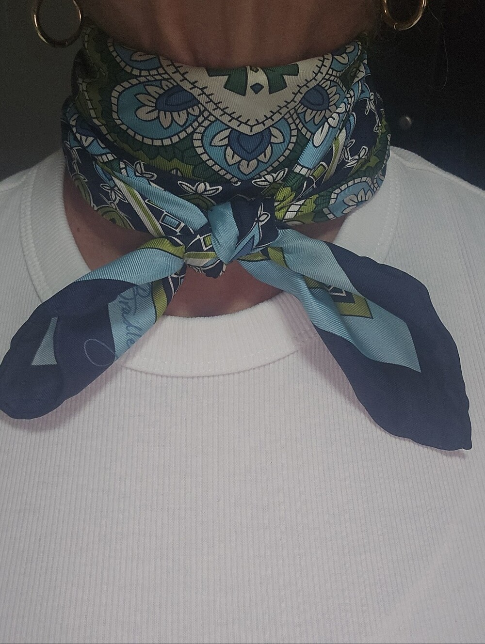 Vera Bradley 100% Silk Navy, Light Blue Green Paisley Floral Scarf, 27" Square - Picture 3 of 10